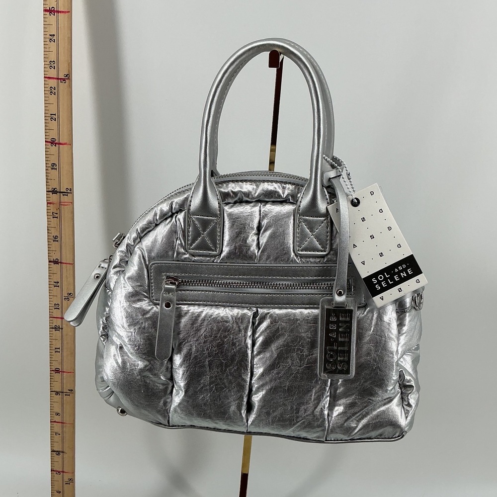 Sol and Selene Flying High Mini Metallic Silver Puffer Satchel Crossbody Bag NEW - Picture 2 of 8